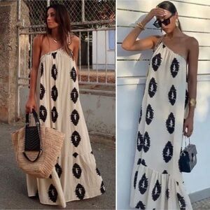 NWT Zara Black and Cream One-Shoulder Ikat Dress Size M